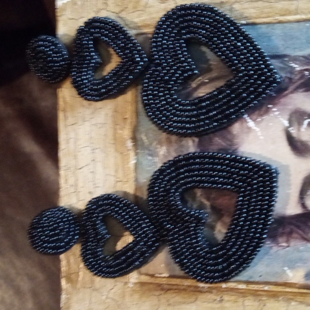 Triple Black Heart Earrings Beads Open Work